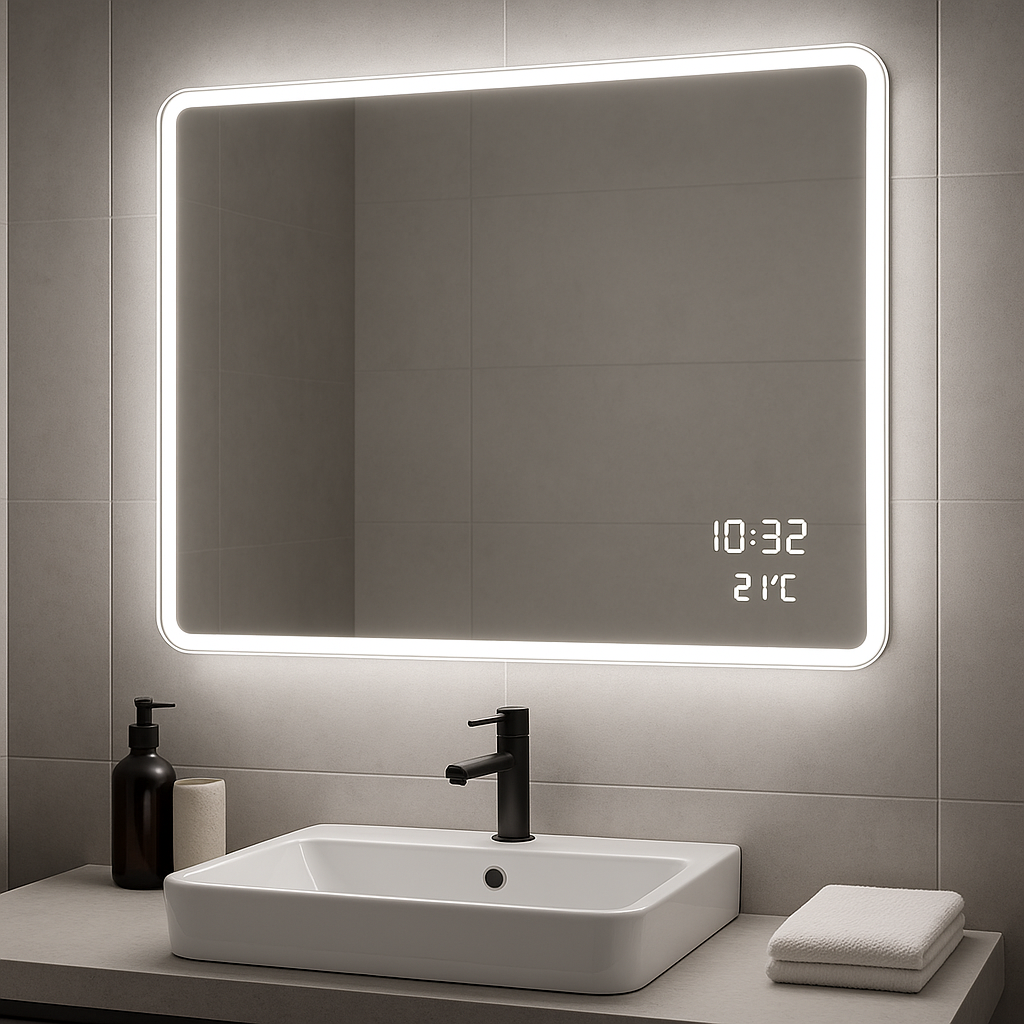 Modern smart mirror with LED lighting and digital display